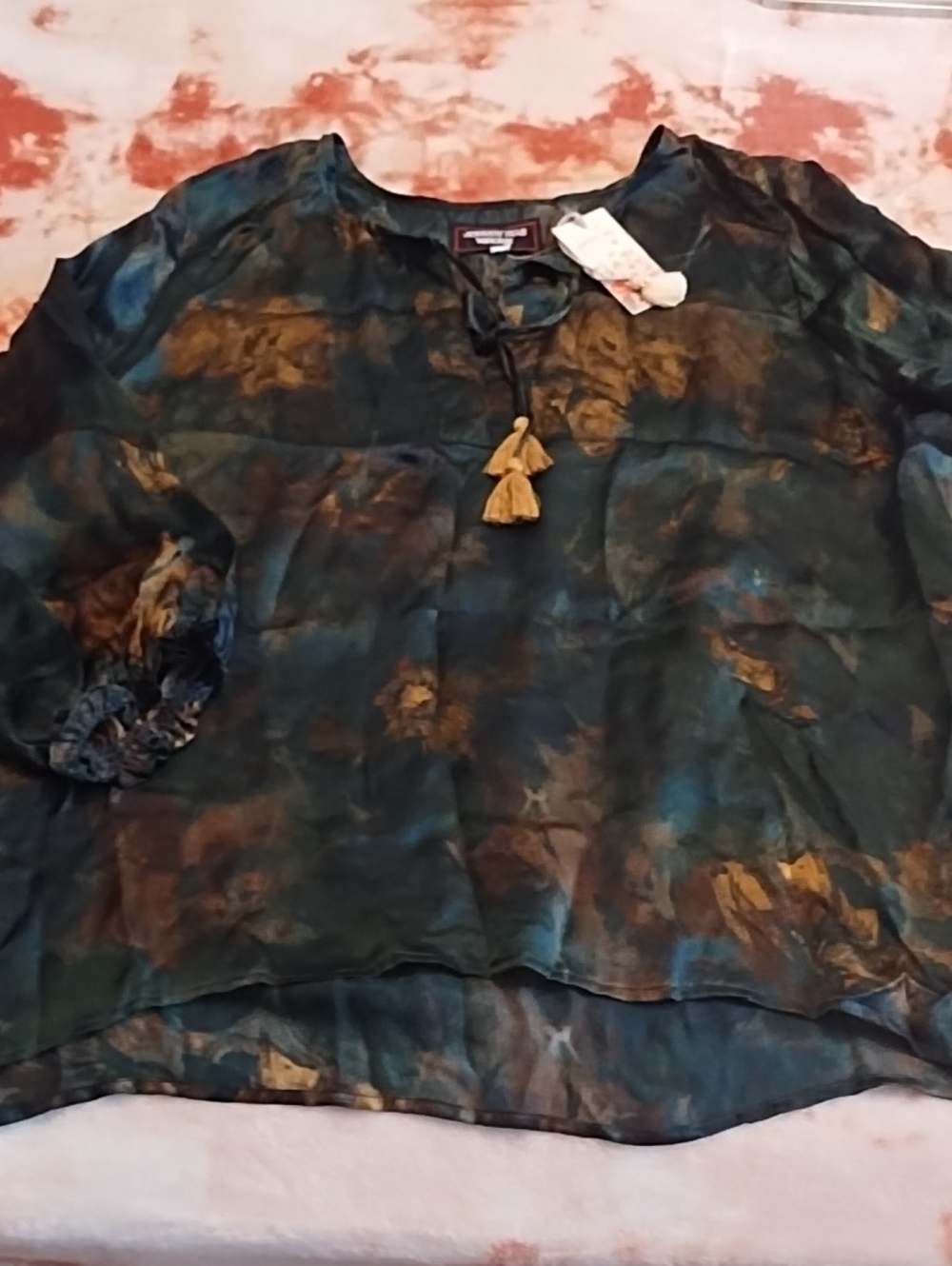 Johnny Was 100% Silk 💚  Water Color Peasant Blouse with Tassels NWT